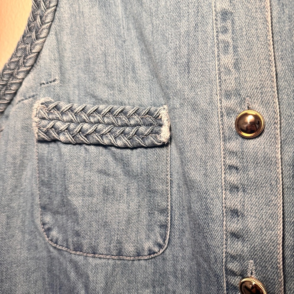 Lalavon Denim Button Front Dress Braided Trim Sleeveless Pockets Size L - Picture 3 of 8